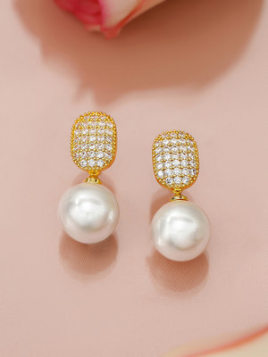 RUBANS 18K Gold-Plated Pearl Drop Earring with Cushion-Shape Diamond Studded Top Brass Stud Earring