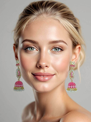 Fashion Fusion Big Size Traditional Meenakari Lotus Long Jhumka Earrings for Women & Girls Pearl Alloy Jhumki Earring