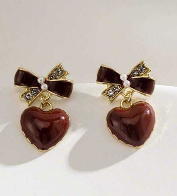 Tiso Red Wine Bow Knot Heart Korean/Stud Earrings – Jewelry for Women and Girls Zircon Alloy, Enamel Stud Earring, Plug Earring, Earring Set