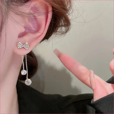TVI Korean Studded Bow Shiny Tassels Drop Earrings For Women/Girls Cubic Zirconia Alloy Drops & Danglers