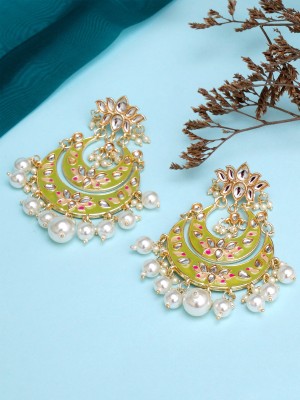 Karatcart Gold Plated Light Green Meena Lotus Design Pearl Studded Alloy Drops & Danglers