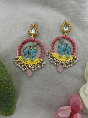 Fashion Theme Traditional Kundan Earrings Camel Design Meenakari Turquoise Earrings Jhumka Pearl, Crystal, Beads Brass Earring Set, Chandbali Earring