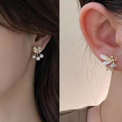 rk arts Combo of 2 Korean Earrings Butterfly Pearl Stud & Fairy Wing Stud Alloy Stud Earring