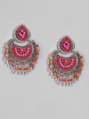 Sangria Silver-Toned Pink & Orange Beaded Crescent Shaped Chandbalis Beads Alloy Chandbali Earring