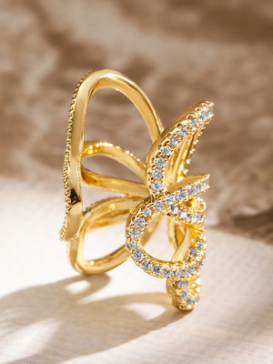 Rubans Voguish Rubans 22K Gold Plated White Cubic Zirconia Studded Butterfly Statement Ear Cuff Zircon Brass Cuff Earring