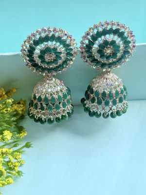 afreynjewels Designer Stone-Studded Silver-Plated Jhumka Earrings|Ethnic Party Wear Alloy Jhumki Earring