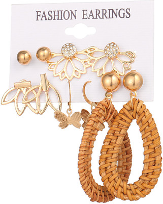 Oulik Gold Plated Flower & Drop Thread Design Earrings For Girls & Women Brass Earring Set
