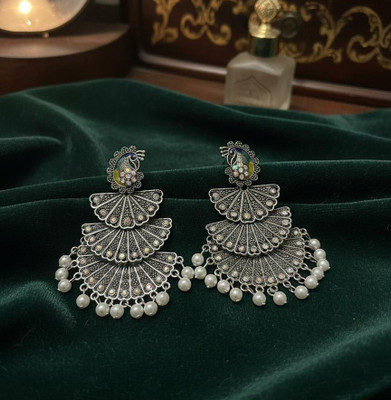 JewellTrend Oxidized Peacock Layered Fan Drop Jhumka silver with green colour Alloy Chandbali Earring, Jhumki Earring