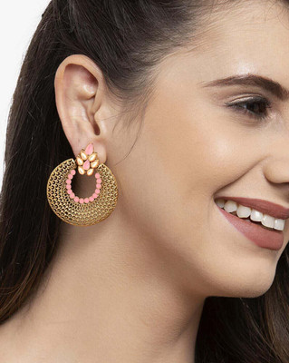 Arti creations Gold Plated Golden Kundan Studded Meenakari Touch Beads Drop Chandbali Earrings Cubic Zirconia Alloy, Brass Chandbali Earring