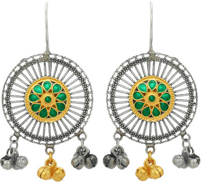 V L IMPEX Women's Brass Green Stud Antique Silver Two Toned Handcrafted Brass Earrings Brass Hoop Earring