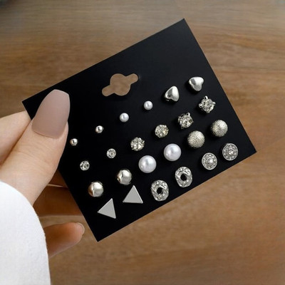 JDENTERPRISES Combo of 12 Pair Silver Heart Triangle Round Pearl Stud Earrings For Women/Girls Cubic Zirconia Alloy Stud Earring