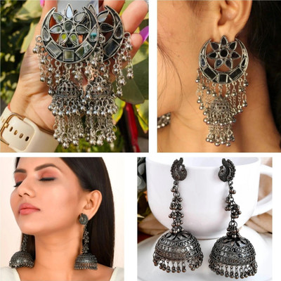 ISLANA Combo of 2 Oxidised Mirror Chandni Jhumki and Peacock Design Jhumka Earrings, Alloy Jhumki Earring
