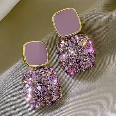 Dazzle Design Chunky stone Korean style Purple square Rhinestone earring Cubic Zirconia Cubic Zirconia, Crystal Alloy Earring Set, Rhinestone Studs, Stud Earring