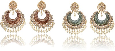 Nilu's Collection Gold Plated Big Chandbali Earrings for Women, Traditional Combo, Green-Maroon Alloy Chandbali Earring