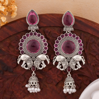DANGAR ENTERPRISE Traditional Elephant Design Oxidised Earrings with Kundan Studs and Jhumka Drop Alloy Jhumki Earring