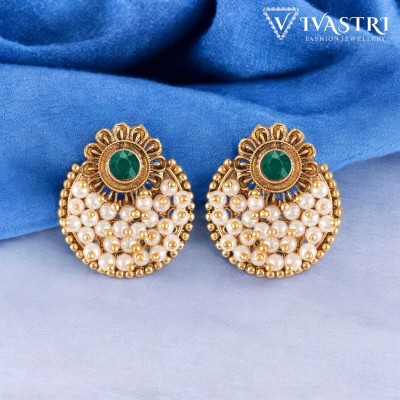 house of common Pearl Beaded Stylish Green Coloured Classic Style Earrings For Women & Girls Cubic Zirconia Alloy Stud Earring