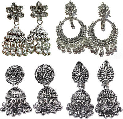Jhumka Street Pack of 4 Oxidized Silver Jhumka Earrings for Women & Girls Alloy Drops & Danglers