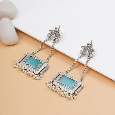 JEWILLEY Pink & SkyBlue Silver Oxidised Stones Dangler Jhumka Brass Drops & Danglers