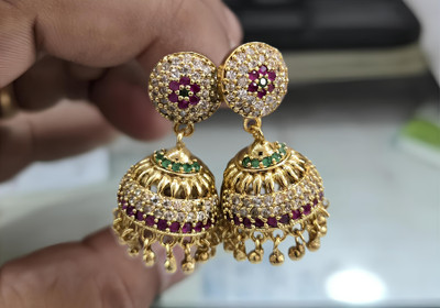 PBM CREATIONS GOLD PLATED AD STONE WEDDING JHUMKI / HOOPS / PEARL STUD / KOREAN EARRING Copper Drops & Danglers, Jhumki Earring