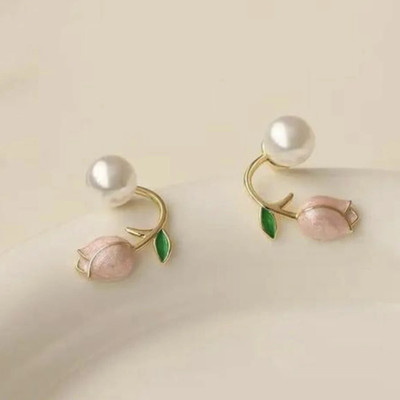 Jassa Korean Gold-Plated White Pearl Pink Rose Shaped Stud Earrings For Girls & Women Pearl, Cubic Zirconia Alloy Stud Earring