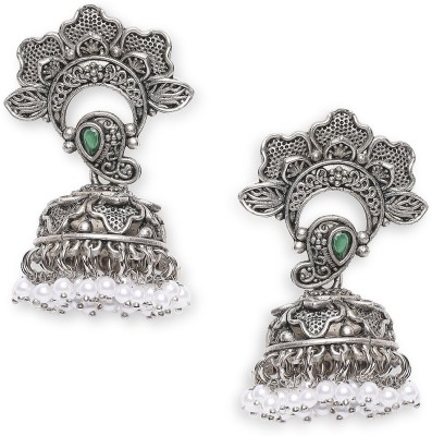 Oomph Oxidised Silver Green Stone with Beads Floral Ethnic Beads, Crystal Alloy Jhumki Earring