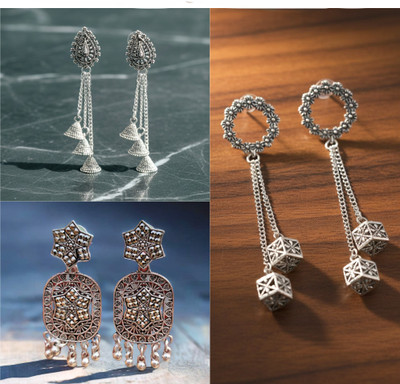 Nahmiz Trends Set of 3 Pair Silver Oxidised Earrings Stylish Traditional Jewelry Combo Brass, Alloy Drops & Danglers, Hoop Earring, Earring Set