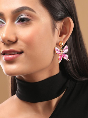 RUBANS 18K Gold Plated Pink Enamel Butterfly Design Dangle Earrings Brass Drops & Danglers