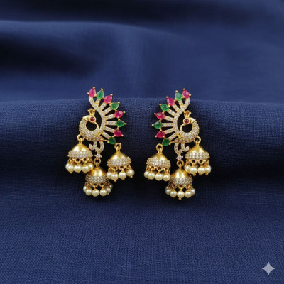 Jewelz Stylish AD Gold Jhumki Earrings with Pearls, Ruby, and Diamond Stones Brass Drops & Danglers