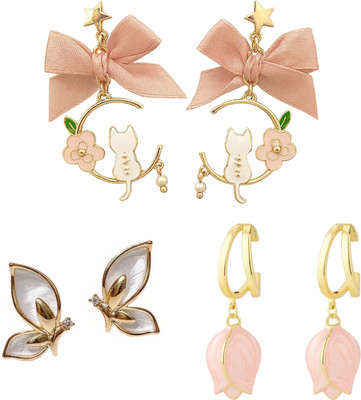 BEAUTYNX Combo Of 3 Cute Cat, Butterfly & Floral Drop Earrings Alloy Stud Earring, Huggie Earring