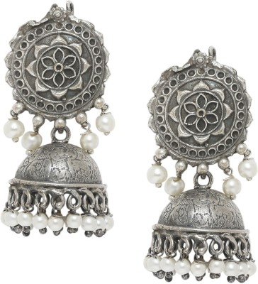 fabula Oxidised Silver Look Alike Floral Ethnic Beads, Crystal Alloy Jhumki Earring
