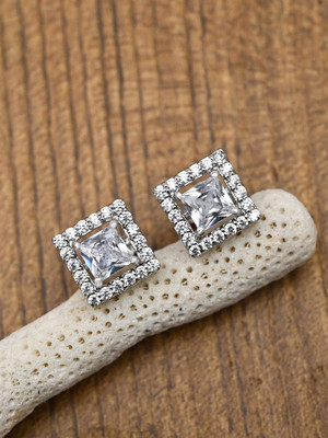 VAGHBHATT Vaghbhatt Elegant Square Halo CZ Stud Earrings for Men & Boys – Silver Finish Crystal Stainless Steel Stud Earring