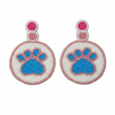 GHARANA BY ALISHYAANA Pink White & Blue Beaded Drop Earrings – Paw Print Jewelry for Women Fabric Drops & Danglers