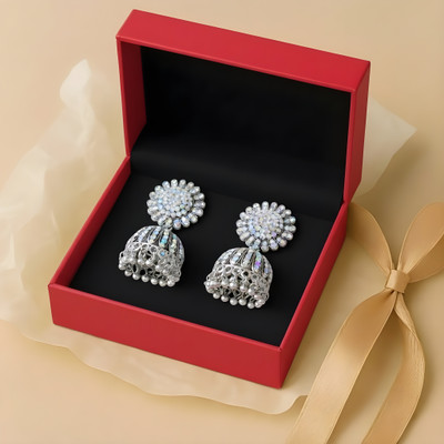 Sharad Creation Handcrafted Oxidized Silver Stone Studded Mirror Jhumka Earrings forWomen &Girls Cubic Zirconia Alloy Jhumki Earring, Drops & Danglers