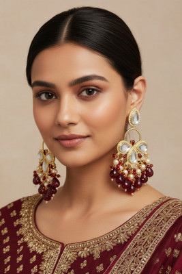 GetBling Traditional Kundan & Maroon Beads Chandbali Earrings for Women & Girls Beads, Sapphire Alloy Drops & Danglers