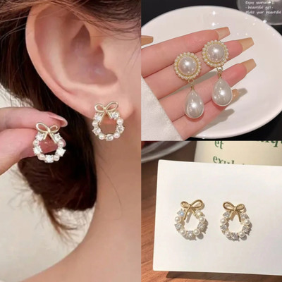 AKISON JEWELS Korean Earrings Combo For Women Girls Pearl Earring Combo Bow Stylish Trending Crystal, Cubic Zirconia, Diamond, Pearl Alloy Earring Set, Stud Earring, Drops & Danglers
