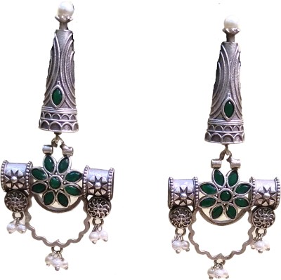 Indiaura Mode Silver-look-alike Oxidised danglers earrings with green stones Brass Drops & Danglers