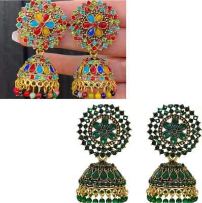 Fashion Theme Trendy Jhumka Earring (Green & Multicolor) Combo Pack of 2 Earring Crystal, Beads, Pearl Alloy Earring Set