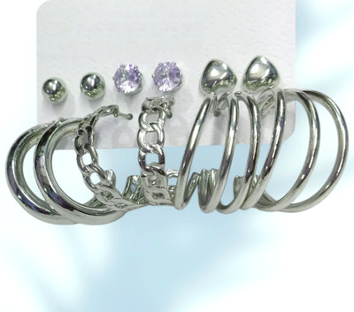 HollyZone Silver Finish Multi-Style Earring Combo (6 Pairs) Brass Hoop Earring