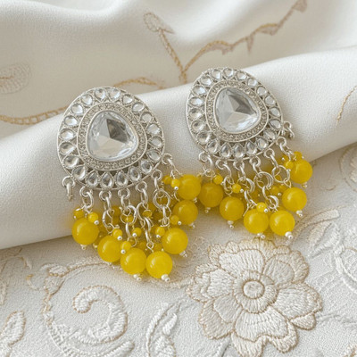 TESSARA Gold Plated Polki Designer Yellow Beaded Drop Earrings for Girls & Women Pearl Alloy Drops & Danglers
