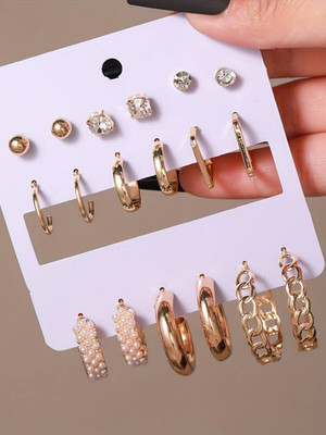 RARE ONE STUDIO Combo 9 Pair Stunning White Gold Plated Pearl Alloy AD Hoop Earring Alloy Hoop Earring