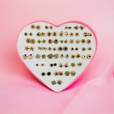 Blingate 36 Pairs Gold Multicolor Stones Earrings for Girls and Women in Heart Shaped Box Alloy Stud Earring