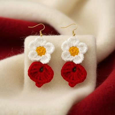 Estyle Handmade Double Flower Crochet Earrings | White & Red Dangle Earrings Cotton Dori Drops & Danglers