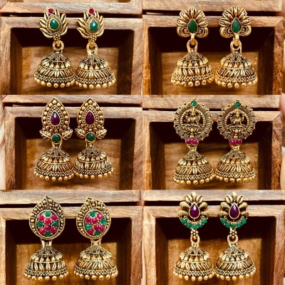 Tripleline Set of 6 golden jhumkas Gold Jhumki Earring