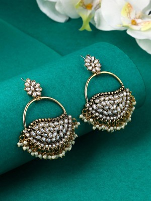 YELLOW CHIMES Silver Toned Floral Shaped White Stone and Pearl Studded Crystal Metal Chandbali Earring