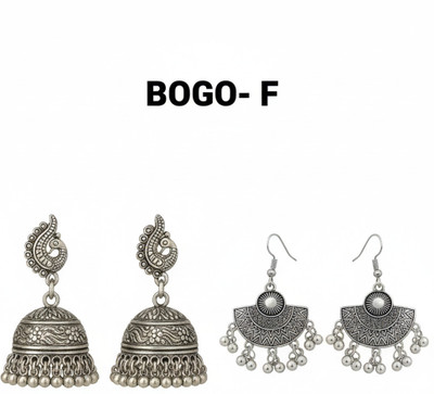 Derozmi Traditional Oxidized Silver Jhumka and Fan-Shaped Earrings Set - 2 Pairs Alloy Hoop Earring, Jhumki Earring, Drops & Danglers