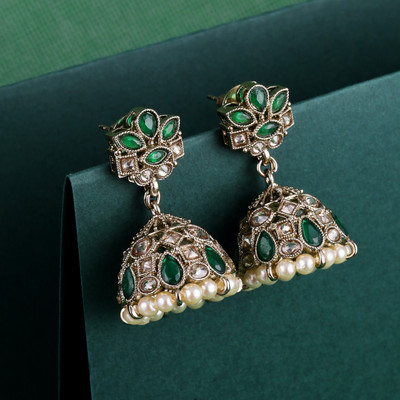 Saloni Fashion Jewellery Flower Design Green Kundan Stone Antique Gold Plated Jhumki Earring For Women Cubic Zirconia Alloy Jhumki Earring