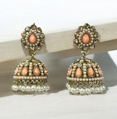 Maisha Peach Jhumki With Tilak Shape Stones Copper, Mother of Pearl Jhumki Earring