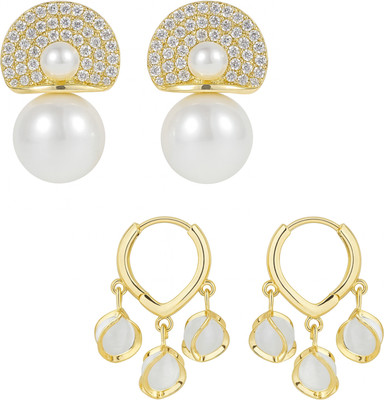 BEAUTYNX Pack Of 2 Gold-Plated Pearl & Crystal Earring Pearl Alloy Stud Earring