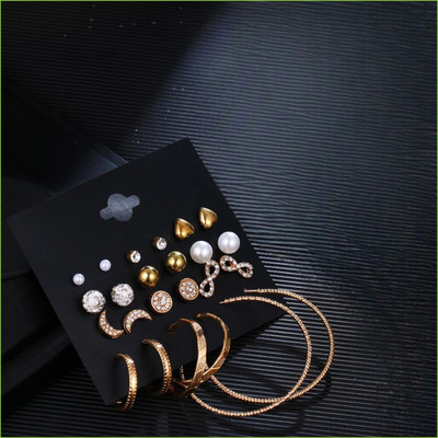 JDENTERPRISES Combo of 12 Pair Golden Heart Infinity Pearl Stone Stud / Hoop Earring For Women Cubic Zirconia Alloy Stud Earring