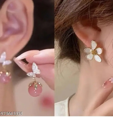 RISHASTYLE Flower motive and butterfly motive shine earrings Zircon Alloy Stud Earring, Drops & Danglers